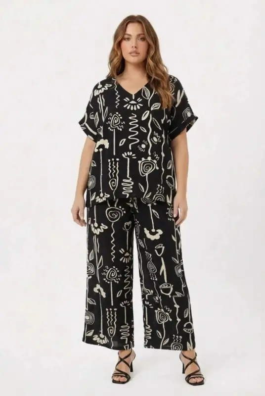 Grafik Desenli Kadın Büyük Beden Pantolon Siyah - 4