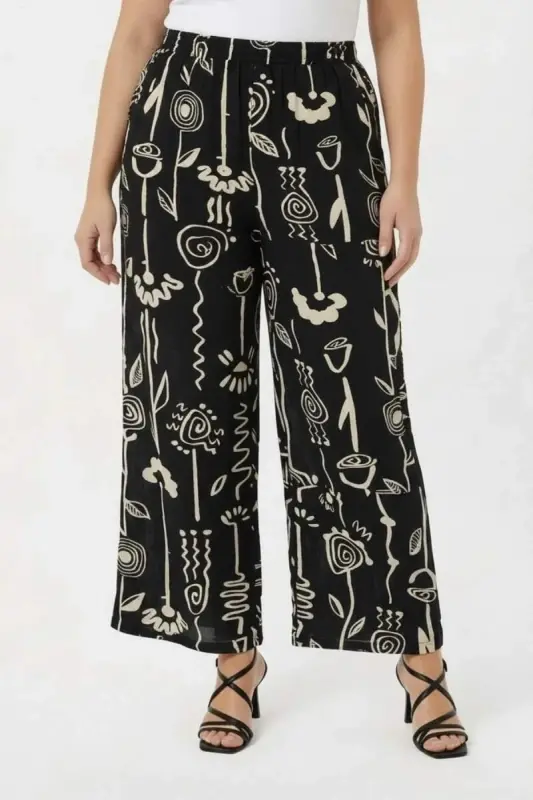 Grafik Desenli Kadın Büyük Beden Pantolon Siyah - BÜYÜKBEDENIZ
