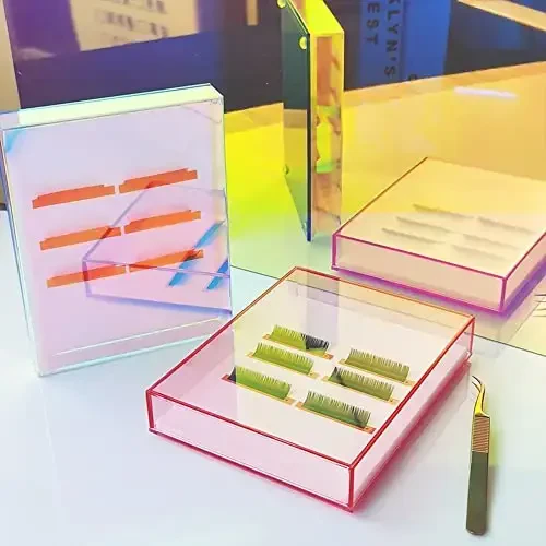 Grafting False Eyelash Acrylic Extension Pallet Organizer, Eyelash Extension Glue Tweezers Plate Makeup Palette, Dustproof Storage Box Display Training Tools Salon (Transparent Pink L) - 2