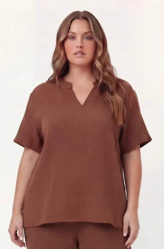 Grandad Collar Plus Size Muslin Fabric Blouse Brown - BÜYÜKBEDENIZ