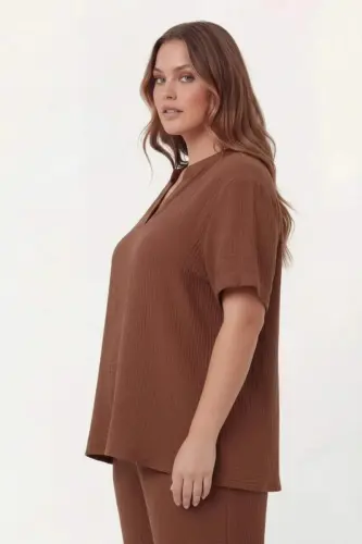 Grandad Collar Plus Size Muslin Fabric Blouse Brown - BÜYÜKBEDENIZ (1)