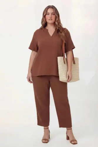 Grandad Collar Plus Size Muslin Fabric Blouse Brown - 3