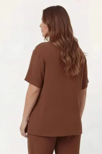 Grandad Collar Plus Size Muslin Fabric Blouse Brown - 4