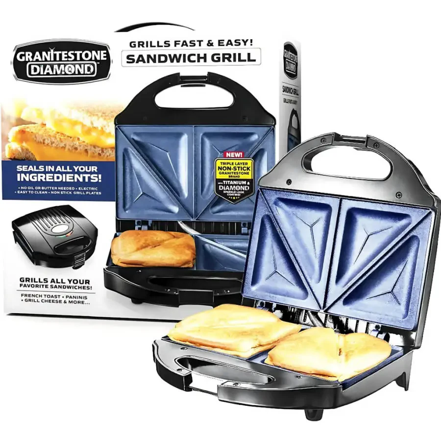 Granitestone Diamond Blue Sandwich Maker, Toaster and Electric Panini Grill with Ultra Nonstick Copper Surface Makes 2 Sandwiches in Minutes, Easy Clean up - 1