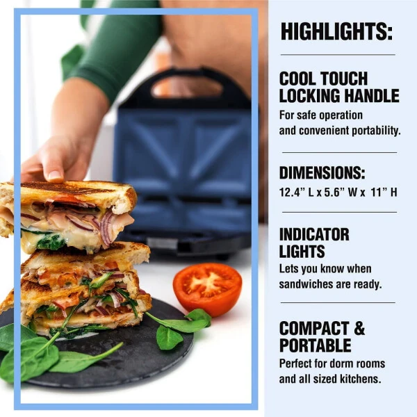 Granitestone Diamond Blue Sandwich Maker, Toaster and Electric Panini Grill with Ultra Nonstick Copper Surface Makes 2 Sandwiches in Minutes, Easy Clean up - 2