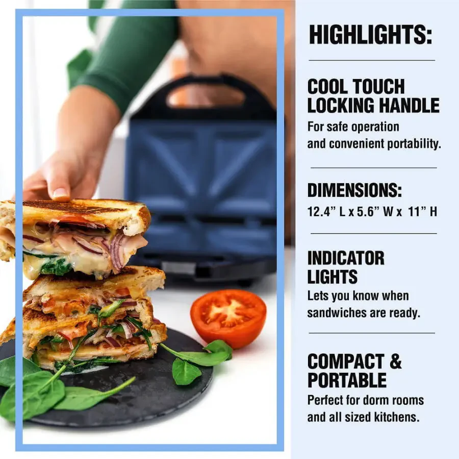 Granitestone Diamond Blue Sandwich Maker, Toaster and Electric Panini Grill with Ultra Nonstick Copper Surface Makes 2 Sandwiches in Minutes, Easy Clean up - 2