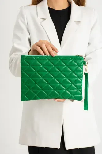 Grass Green Patterned Portfolio Clutch Bag 25x19 Cm-Green - 1