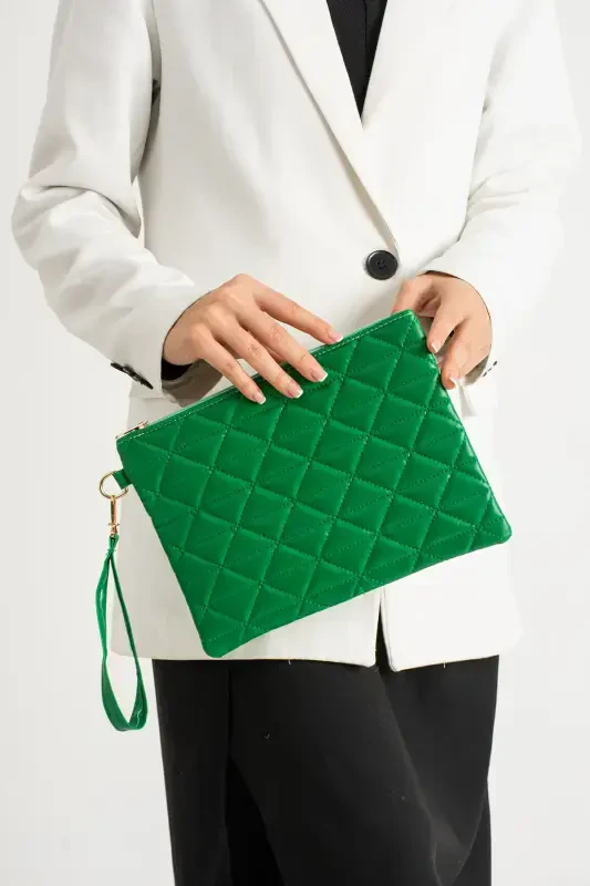 Grass Green Patterned Portfolio Clutch Bag 25x19 Cm-Green - 2