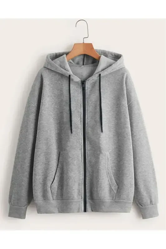 Gray 2 Thread Seasonal Zippered Hooded Fleece Cardigan Jacket-GRAY - 1