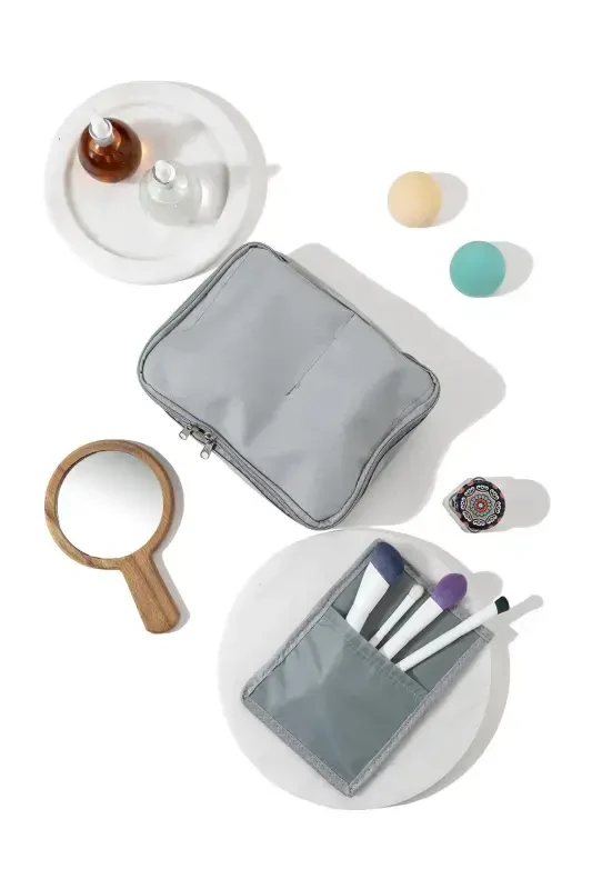 Gray - 4 Compartment Makeup Bag | Grooming Travel Makeup Cosmetic Organizer Bag-Gray - 2