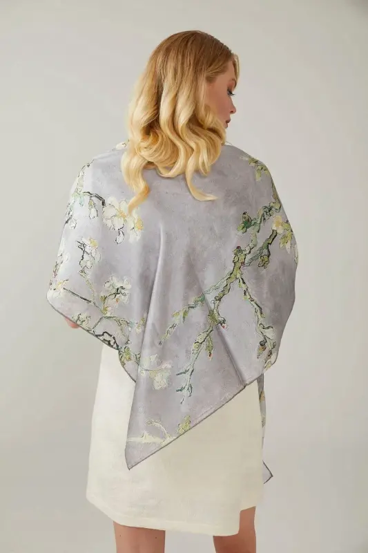 Gray Almond Blossoms 140x140 Square Satin Silk Shawl Scarf - Gray - 4