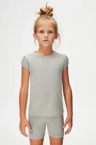 Gray Basic Girls Crew Neck Watermelon Sleeve T-Shirt-COOL GRAY - 3