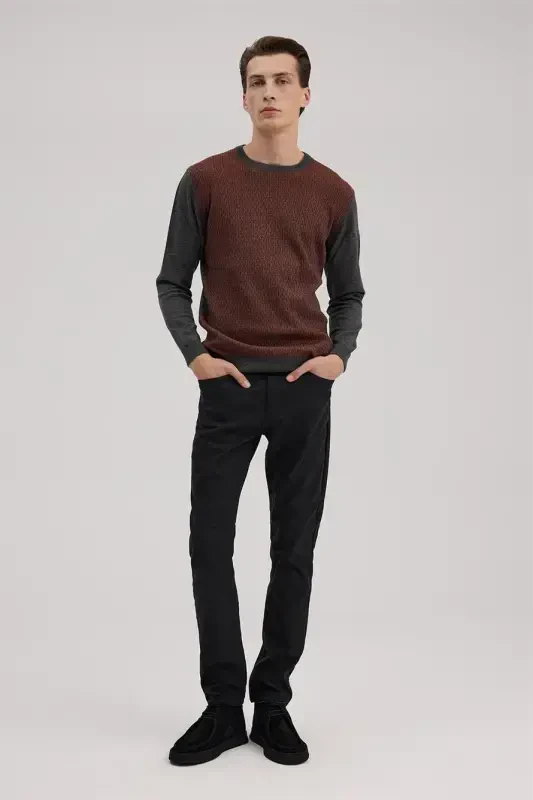 Gray Cinnamon Classic Fit Crew Neck Patterned Knitwear - 1