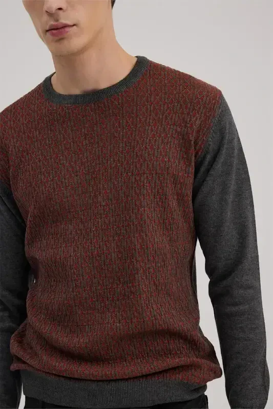 Gray Cinnamon Classic Fit Crew Neck Patterned Knitwear - 3