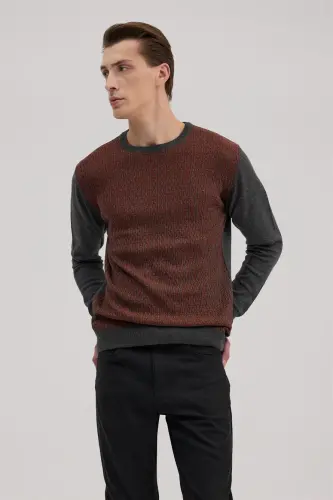 Gray Cinnamon Classic Fit Crew Neck Patterned Knitwear - JAKAMEN (1)