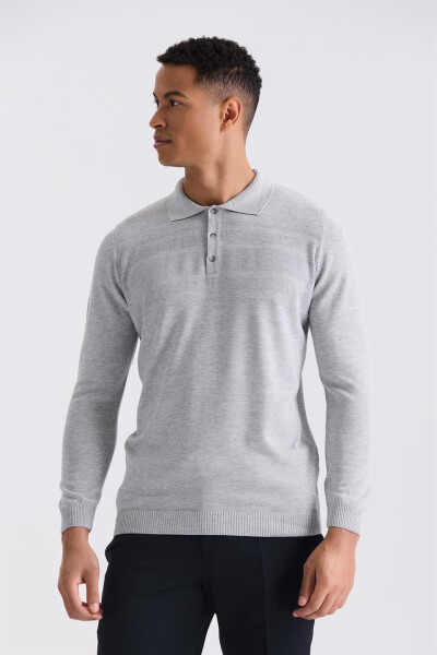 Gray Classic Fit Button Detailed Polo Collar Knit Sweater - 5