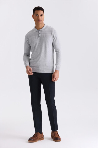 Gray Classic Fit Button Detailed Polo Collar Knit Sweater - 6