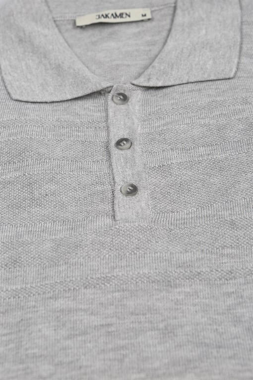 Gray Classic Fit Button Detailed Polo Collar Knit Sweater - 10