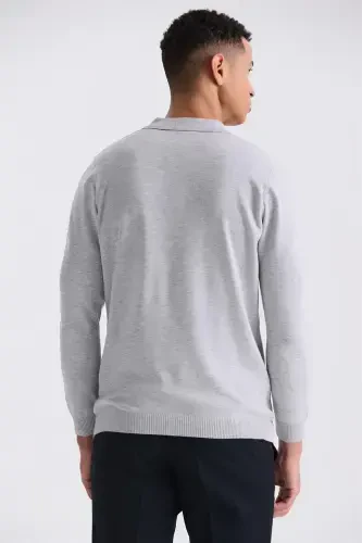 Gray Classic Fit Button Detailed Polo Collar Knitted Sweater - 4
