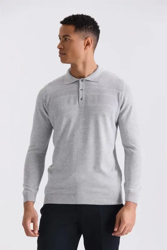 Gray Classic Fit Button Detailed Polo Collar Knitted Sweater - JAKAMEN