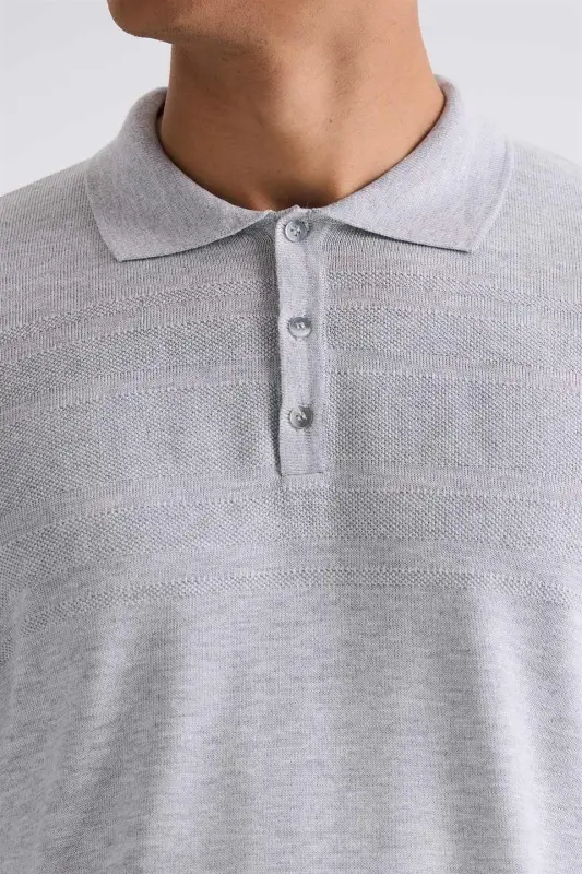 Gray Classic Fit Button Detailed Polo Collar Knitted Sweater - 3