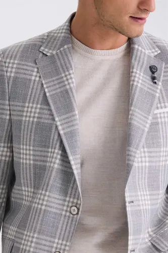 Gray Classic Fit Checked Mono Collar Jacket - 3