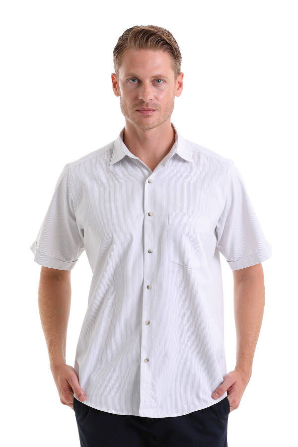 Gray Classic Fit Striped Cotton Slim Collar Short Sleeve - 1