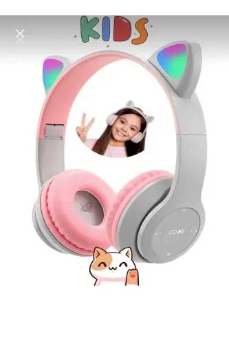 Gray Color Cat Ear Wireless Colorful Lighted Buetooth Rgb Kids Gaming Headset Superior Performance-pink dark - 3