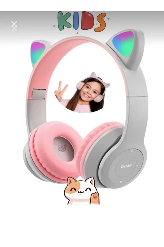 Gray Color Cat Ear Wireless Colorful Lighted Buetooth Rgb Kids Gaming Headset Superior Performance-pink dark - 3