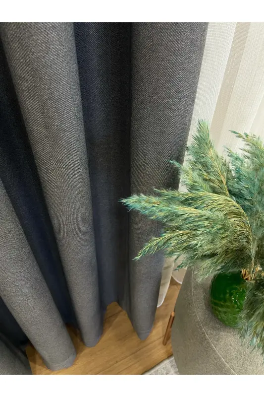 Gray Color - Linen Look 1/3 Dense Pleated Curtain - Gray - BRILLANT