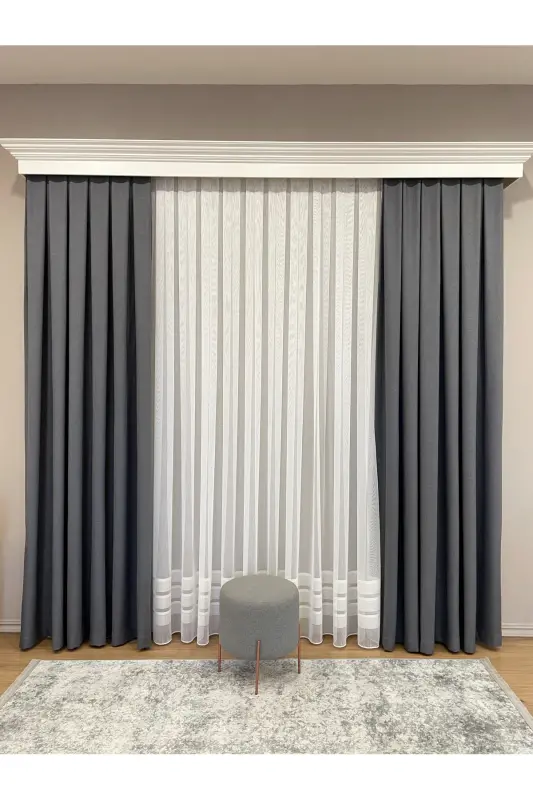 Gray Color - Linen Look 1/3 Dense Pleated Curtain - Gray - 3