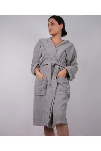 Gray Colored 100% Cotton Boucle Hooded Model Bathrobe (S-M-L-XL-2XL-3XL-4XL) Big and Tall Size-Gray 