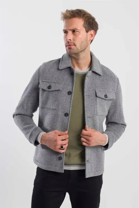 Gray Comfort Fit Baby Collar Wool Coat - 1