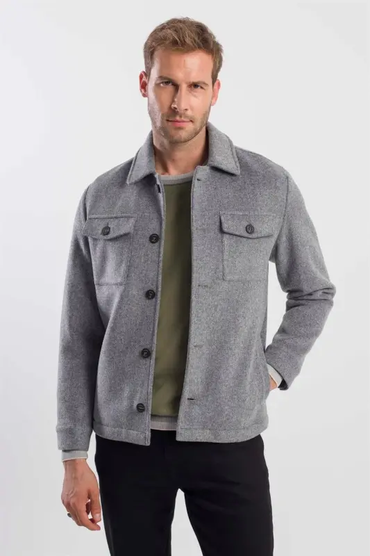 Gray Comfort Fit Baby Collar Wool Coat - 3