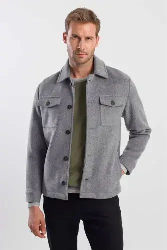 Gray Comfort Fit Baby Collar Wool Coat - 3