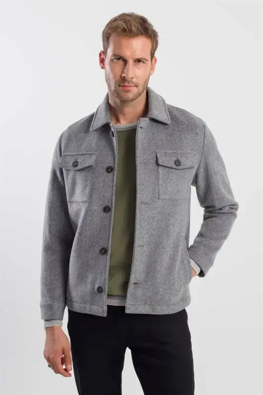 Gray Comfort Fit Baby Collar Wool Coat - 3