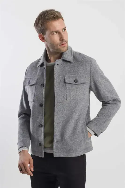 Gray Comfort Fit Baby Collar Wool Coat - 4