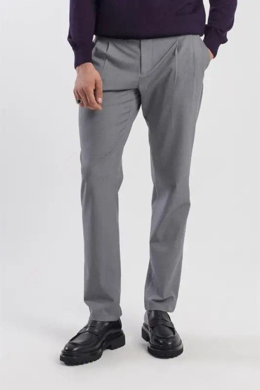 Gray Comfort Fit Double Pocket Flap Pleated Side Pocket Trousers - JAKAMEN