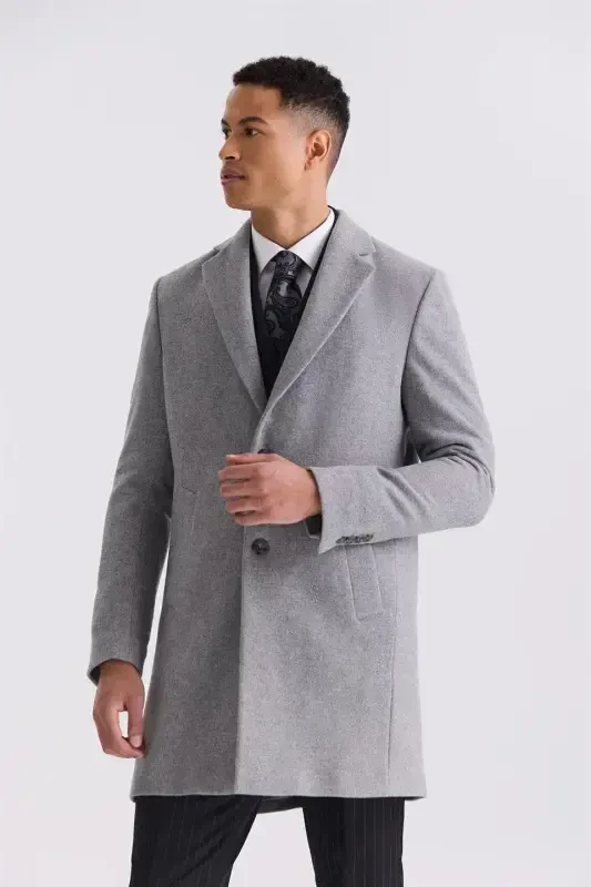 Gray Comfort Fit Mono Collar Side Pocket Cashmere Coat - 1