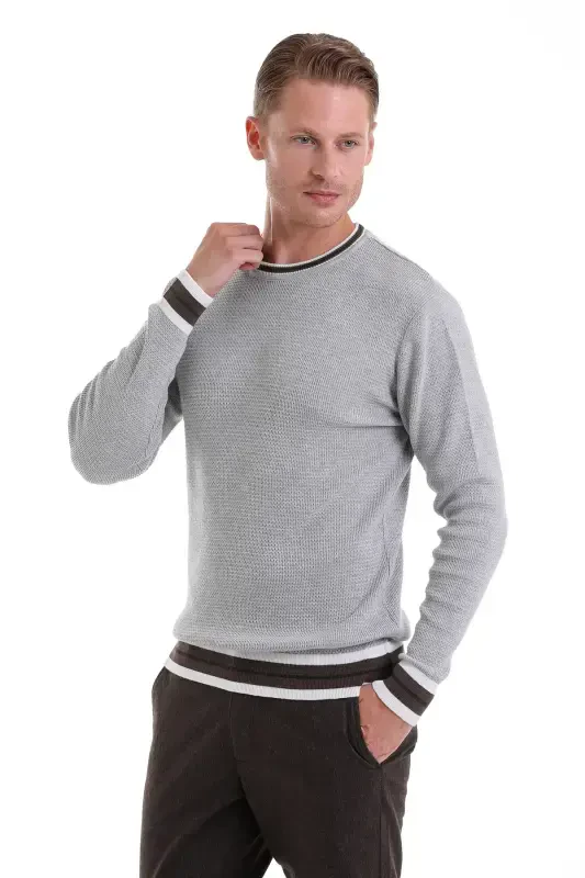 Gray Comfort Fit Plain Cotton Crew Neck Casual T-Shirt - HATEMOĞLU