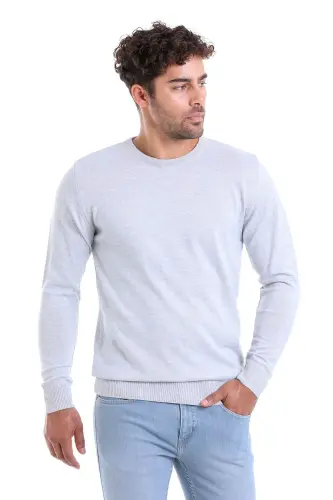 Gray Comfort Fit Plain Crew Neck Woolen Wool Sweater-A.Gray - HATEMOĞLU (1)