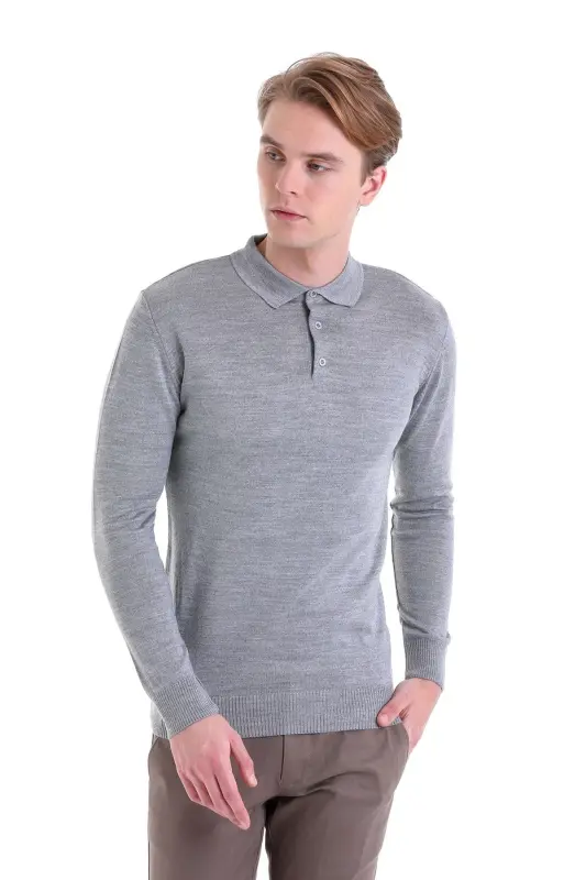 Gray Comfort Fit Plain Polo Collar Woolen Wool Sweater-Gray - 2