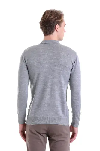 Gray Comfort Fit Plain Polo Collar Woolen Wool Sweater-Gray - 6