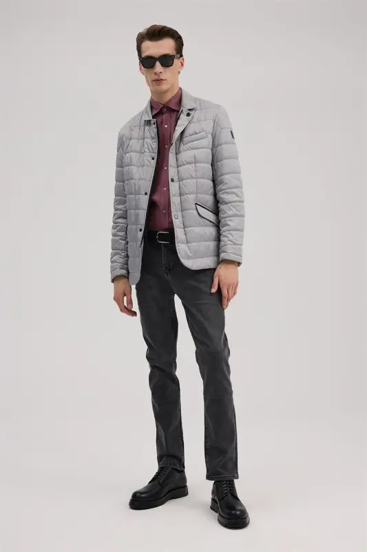 Gray Comfort Fit Stand-Up Collar Zippered Jacket - JAKAMEN