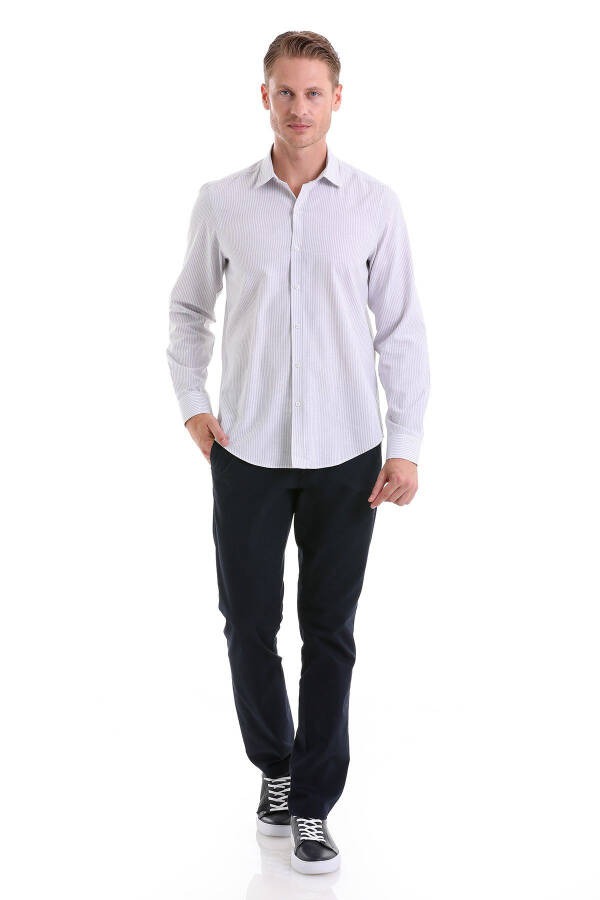 Gray Comfort Fit Striped Cotton Slim Collar Long Sleeve - 2