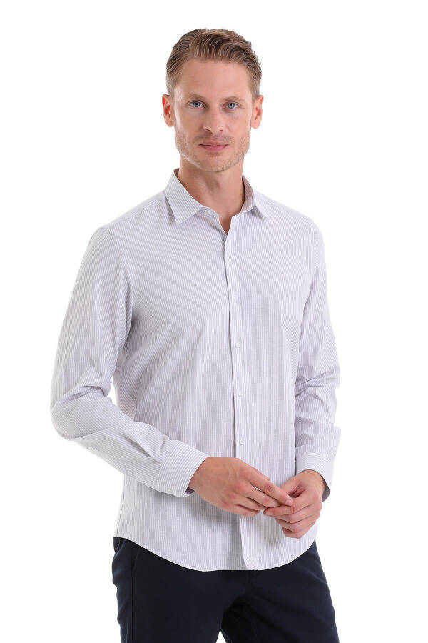 Gray Comfort Fit Striped Cotton Slim Collar Long Sleeve - 4