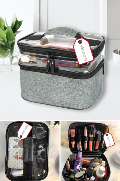 Gray Cosmetic Makeup Bag Organizer Travel Type Compartmental Large Transparent Makeup Brush Organizer - 1