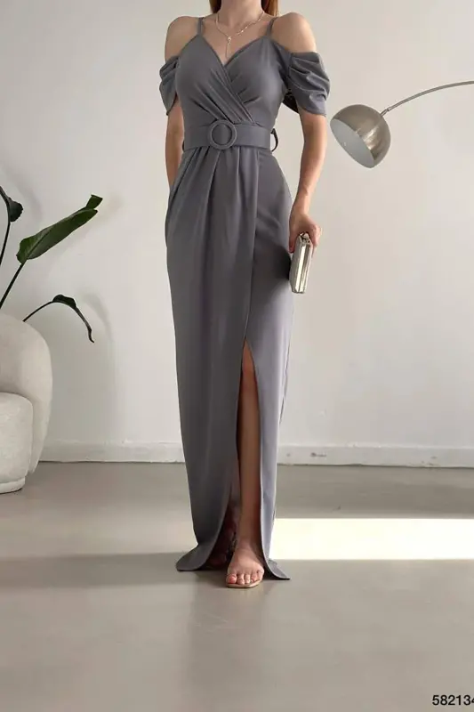 Gray Crepe Fabric Crossover Neck Slit Detailed Belted Dress-Gray - 4