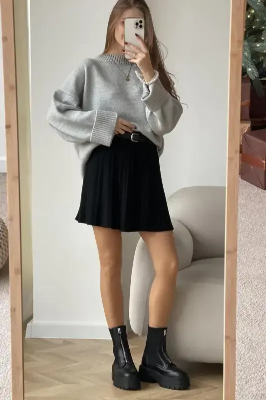 Gray Crew Neck Oversize Knit Sweater MG1972-Gray - 1