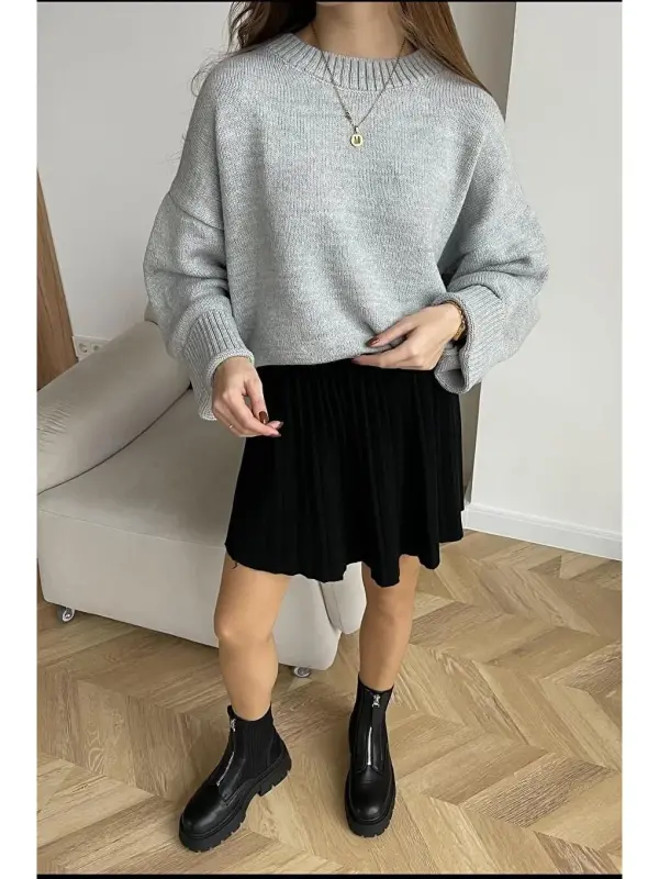 Gray Crew Neck Oversize Knit Sweater Mg1972-Gray - 2